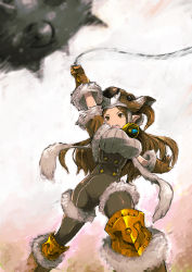 Rule 34 | &gt;:o, 10s, 1girl, :o, animal hat, bell, blackball, breasts, brown eyes, brown gloves, brown hair, buttons, daetta (granblue fantasy), deer, draph, female focus, flail, fur trim, gloves, granblue fantasy, hat, holding, holding weapon, horns, large breasts, long hair, open mouth, pointy ears, solo, unitard, v-shaped eyebrows, weapon
