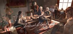 Rule 34 | 4boys, 4girls, black hair, blonde hair, brown hair, capcom, carpet, chair, copyright name, couch, dante (devil may cry), desk, devil may cry (series), devil may cry 5, eating, everyone, family, father and son, food, good end, highres, ice cream, jewelry, kyrie (devil may cry), lady (devil may cry), limiicirculate, messy room, multiple boys, multiple girls, necklace, nero (devil may cry), nico (devil may cry), nicoletta goldstein (devil may cry), open mouth, paper, pizza, pizza box, plant, short shorts, shorts, silver hair, sitting, smile, spoilers, standing, sunlight, trish (devil may cry), uncle and nephew, v (devil may cry), vergil (devil may cry), window
