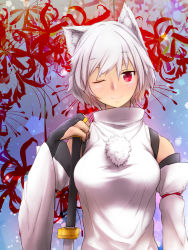 Rule 34 | 1girl, ;), animal ear fluff, animal ears, bare shoulders, blush, breasts, bridal gauntlets, detached sleeves, floral background, flower, hand on hilt, highres, inubashiri momiji, large breasts, light smile, looking at viewer, one eye closed, pom pom (clothes), red eyes, ribbon-trimmed sleeves, ribbon trim, shirt, short hair, silver hair, sleeveless, sleeveless shirt, smile, solo, spider lily, sword, touhou, turtleneck, uchoutenko, upper body, weapon, white shirt, wide sleeves, wolf ears