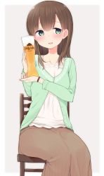 Rule 34 | 1girl, alcohol, bad id, bad pixiv id, beer, blush, brown hair, character request, glass, green eyes, long hair, nekoume, open mouth, original, skirt, smile, solo, sweater