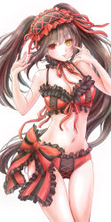 Rule 34 | 1girl, absurdres, black choker, black hair, bow, bra, breasts, choker, cleavage, date a live, frilled bow, frilled bra, frilled panties, frills, gothic lolita, heterochromia, highres, large breasts, lolita fashion, long hair, looking at viewer, medium breasts, navel, panties, red bow, red bra, red eyes, red panties, red ribbon, ribbon, smile, solo, thigh gap, tokisaki kurumi, twintails, underwear, uneven twintails, very long hair, white background, yellow eyes