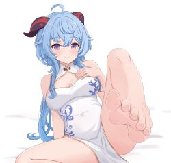 Rule 34 | 1girl, barefoot, blue hair, breasts, chinese clothes, cleavage, feet, ganyu (genshin impact), genshin impact, hand on own chest, highres, horns, light blush, long hair, looking at viewer, medium breasts, pinkiuzu, purple eyes, smile, soles, toes