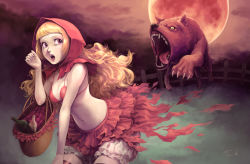 Rule 34 | 1girl, basket, big bad wolf, bikini, bikini top only, blonde hair, bloomers, face, frills, grimm&#039;s fairy tales, highres, hood, little red riding hood, little red riding hood (grimm), long hair, moon, red eyes, red moon, solo, swimsuit, toshi punk, underwear, wolf, you gonna get raped