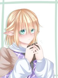 Rule 34 | 1girl, aqua eyes, arm warmers, blonde hair, blush, box, chocolate, colored eyelashes, gift, gift box, hair between eyes, highres, looking at viewer, mizuhashi parsee, nose blush, pointy ears, scarf, sea scorpion (umisasori), short hair, solo, touhou, traditional clothes