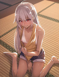 Rule 34 | 1girl, absurdres, ahoge, bare arms, bare legs, bare shoulders, barefoot, bikini tan, blush, breasts, clothes pull, collarbone, covered erect nipples, flashing, highres, ibuki notsu, indoors, long hair, looking at viewer, nipples, no bra, oppai challenge, original, pulled by self, red eyes, revision, short shorts, shorts, sitting, small breasts, smile, solo, sweat, tan, tank top, tanline, tatami, wariza, white hair