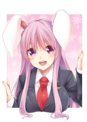 Rule 34 | 1girl, :d, animal ears, black jacket, blazer, blush, border, breasts, commentary request, crescent, crescent pin, floral background, hands up, highres, hisae (hisae collect), jacket, large breasts, long sleeves, necktie, open mouth, outside border, pink background, purple hair, rabbit ears, red eyes, red necktie, reisen udongein inaba, shirt, sidelocks, smile, solo, touhou, upper body, white border, white shirt