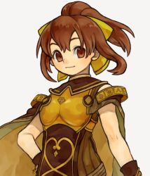 Rule 34 | 1girl, armor, bare shoulders, bow, bracelet, braid, breastplate, brown hair, cape, delthea (fire emblem), fire emblem, fire emblem echoes: shadows of valentia, grey background, highres, jewelry, long hair, nintendo, ponytail, simple background, solo, upper body, yanedx