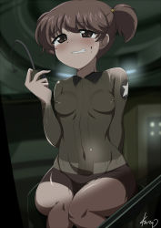 Rule 34 | 10s, 1girl, alisa (girls und panzer), blush, bodypaint, breasts, brown eyes, brown hair, clenched teeth, freckles, girls und panzer, highres, kurosawa shouichi, naked paint, navel, nipples, nude, painted clothes, short hair, small breasts, tears, teeth