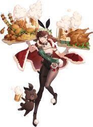 Rule 34 | 1girl, animal ears, bear, beer mug, black bow, black bowtie, black leotard, bow, bowtie, braid, breasts, brown hair, brown pantyhose, bunny bunny (reverse:1999), burger, cake, cape, cheese, chicken leg, cleavage, cup, cupcake, detached collar, food, fur-trimmed cape, fur trim, green sash, hair bow, head wreath, highres, holding, holding tray, hot dog, large breasts, leotard, lettuce, looking at viewer, mug, official art, open mouth, pantyhose, playboy bunny, rabbit ears, rabbit tail, red bow, red cape, reverse:1999, sash, skewer, smile, solo, standing, standing on one leg, tachi-e, tail, third-party source, too much food, transparent background, tray, turkey (food), twin braids, wrist cuffs