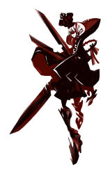 Rule 34 | 1girl, abstract, bad id, bad pixiv id, blade, crown, dual wielding, from side, full body, highres, holding, kiku (kicdoc), monochrome, original, pointy ears, red eyes, red theme, ribbon, simple background, solo, thorns, white background