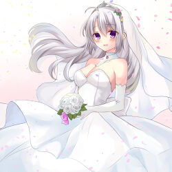 Rule 34 | 1girl, :d, ahoge, alternate costume, ayachi nene, bare shoulders, blush, bouquet, breasts, bridal veil, cleavage, collar, commentary request, cowboy shot, detached collar, dress, elbow gloves, eyelashes, eyes visible through hair, falling petals, floating clothes, floating hair, flower, gloves, grey hair, hair between eyes, hair flower, hair ornament, happy, holding, holding bouquet, jewelry, large breasts, long hair, looking at viewer, miyako (mongcocoa), necklace, open mouth, petals, pink flower, purple eyes, rose, sanoba witch, shiny skin, simple background, smile, solo, standing, strapless, strapless dress, tiara, veil, very long hair, wedding dress, white background, white collar, white dress, white flower, white gloves, white rose, white veil