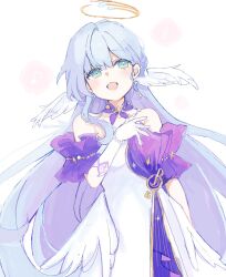 Rule 34 | 1girl, :d, bare shoulders, blue hair, bracelet, commentary request, dress, eighth note, elbow gloves, feathered wings, gloves, green eyes, hair between eyes, halo, hand up, highres, honkai: star rail, honkai (series), jewelry, long hair, musical note, open mouth, pearl bracelet, robin (honkai: star rail), signature, smile, sofra, solo, strapless, strapless dress, treble clef, twitter username, upper body, very long hair, white background, white dress, white gloves, white wings, wings