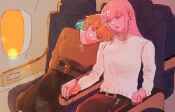 Rule 34 | 2girls, airplane interior, alpholo v, belt, belt buckle, buckle, closed mouth, collarbone, colored eyelashes, ear piercing, closed eyes, green hair, hand on another&#039;s hand, head on another&#039;s shoulder, highres, hololive, hololive english, jewelry, mori calliope, multicolored hair, multiple girls, nail polish, orange hair, parted lips, piercing, pink hair, purple nails, ring, seat, sitting, sleeping, takanashi kiara, virtual youtuber, yuri