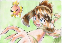 Rule 34 | 1girl, angry, armpits, bad id, bad twitter id, barefoot, blue eyes, brown hair, clenched hand, collarbone, creatures (company), eyelashes, fangs, feet, female focus, fighting stance, fingernails, flat chest, full body, game freak, gen 3 pokemon, grass skirt, high ponytail, iwane masaaki, leaf bikini, leaning forward, looking afar, may (pokemon), medium hair, midriff, nature, navel, neck, nintendo, no bra, no panties, odamaki sapphire, official art, open mouth, outdoors, outstretched arm, outstretched arms, pokemon, pokemon (creature), pokemon adventures, ponytail, sapphire odamaki, sharp fingernails, short ponytail, side bangs, sidelocks, size difference, spread arms, standing, torchic