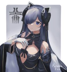 Rule 34 | 1girl, artist name, august von parseval (azur lane), azur lane, breasts, cleavage, curled horns, dated, feather boa, gloves, hair over one eye, highres, horns, iron blood (emblem), long hair, looking at viewer, mechanical horns, medium breasts, purple eyes, purple hair, risona, simple background, solo, two-tone background, very long hair, white gloves