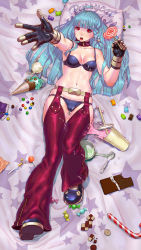 Rule 34 | 1girl, belt, blue hair, blush, bra, candy, chaps, cum, cum on body, cum on clothes, cum on hair, cum on lower body, daichan mona, facial, gloves, highres, hime cut, kula diamond, lollipop, long hair, lying, navel, open mouth, panties, red eyes, shoes, skindentation, solo, the king of fighters, tongue, tongue out, underwear