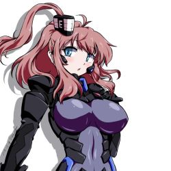 Rule 34 | 1girl, 547th sy, battle effectiveness award, blue bodysuit, blue eyes, bodysuit, breasts, brown eyes, brown hair, commentary request, cosplay, hair between eyes, highres, kantai collection, large breasts, long hair, looking at viewer, muv-luv, muv-luv alternative, ponytail, saratoga (kancolle), side ponytail, sidelocks, simple background, smokestack hair ornament, solo, upper body, white background