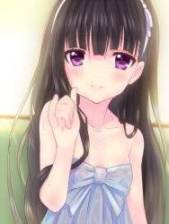 Rule 34 | 10s, 1girl, \m/, bare shoulders, black hair, blunt bangs, blurry, blush, bow, depth of field, dress, flat chest, foreshortening, hair between eyes, hairband, inu x boku ss, jewelry, koumo, long hair, looking at viewer, necklace, pinky out, pinky swear, purple eyes, see-through, shirakiin ririchiyo, sidelocks, smile, solo, upper body, very long hair, wet, wet clothes