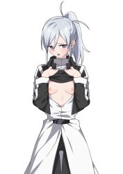 Rule 34 | 1girl, :o, absurdres, black shirt, breasts, clothes lift, head out of frame, highres, melty blood, morisobo, nipples, no bra, riesbyfe stridberg, shirt, shirt lift, simple background, small breasts, solo, tsukihime, white background, white hair
