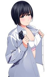 Rule 34 | 1girl, black eyes, black hair, blush, bow, bowtie, bra, breasts, cleavage, highres, long sleeves, looking at viewer, looking away, matsunaga kouyou, open clothes, original, school uniform, short hair, simple background, small breasts, solo, sports bra, unbuttoned, underwear, undressing, upper body, white background