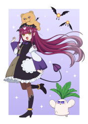 Rule 34 | 1girl, :d, absurdres, animal, animal on head, bat wings, black footwear, black hat, bow, brown pantyhose, daikon, demon tail, dress, fangs, floating hair, frilled dress, frills, hat, head wings, heart, highres, long hair, long sleeves, maou-jou de oyasumi, on head, open mouth, outside border, pantyhose, pointy ears, purple bow, radish, smile, solo, standing, standing on one leg, succyun, tail, teddy demon, tuxedokuma, very long hair, wide sleeves, wings
