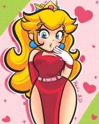 Rule 34 | 1girl, belt, blonde hair, blue eyes, blush, breasts, choker, christmas, crown, detached sleeves, dress, earrings, gloves, green background, heart, heart in eye, highres, jewelry, kevinjp, large breasts, long hair, looking at viewer, mario (series), nintendo, open mouth, pink background, pink belt, pink lips, polka dot, polka dot background, princess, princess peach, red dress, short sleeves, side slit, sleeveless, sleeveless dress, sparkle, standing, super mario bros. 1, symbol in eye, thick thighs, thighs, white gloves, wide hips