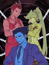 Rule 34 | 1girl, 2boys, ace attorney, amemomism, antenna hair, apollo justice, athena cykes, black background, bracelet, chain, closed mouth, collared shirt, color coordination, commentary request, crescent, crescent earrings, cropped jacket, crossed arms, earrings, gloves, hair ribbon, hand on own wrist, jacket, jewelry, long hair, long sleeves, multiple boys, necklace, necktie, open mouth, outline, pants, phoenix wright, ribbon, shirt, short hair, side ponytail, single earring, skirt, smile, spiked hair, standing, v-shaped eyebrows, vest, white outline