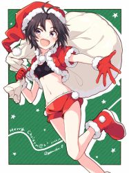 Rule 34 | 1girl, antenna hair, black border, black eyes, black hair, black sports bra, boots, border, christmas, commentary, cropped jacket, dated, english text, fur-trimmed jacket, fur trim, gloves, green background, groin, hat, holding, holding sack, idolmaster, idolmaster (classic), jacket, kikuchi makoto, leg up, lying, navel, on side, open mouth, outside border, over shoulder, red footwear, red gloves, red hat, red shorts, sack, santa boots, santa gloves, santa hat, short hair, short shorts, short sleeves, shorts, silhouette, smile, solo, sports bra, standing, standing on one leg, twitter username, yoriyomo