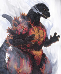 Rule 34 | akito1218, burning godzilla, claws, dinosaur, ears, giant, giant monster, glowing, glowing eyes, glowing spikes, godzilla, godzilla (series), godzilla vs. destoroyah, highres, kaijuu, monster, no humans, red eyes, sea monster, sharp teeth, simple background, smoke, spikes, steam, tail, teeth, toho, white background