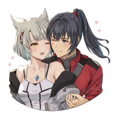 Rule 34 | 1boy, 1girl, animal ears, black hair, blue eyes, blush, breasts, camisole, cat ears, chest jewel, couple, highres, holding hands, jacket, long hair, mio (xenoblade), noah (xenoblade), one eye closed, ponytail, red jacket, short hair, small breasts, smile, tank top, white camisole, white hair, white jacket, white tank top, xenoblade chronicles (series), xenoblade chronicles 3, yamamori kinako, yellow eyes