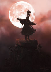 Rule 34 | 1boy, bloodborne, boots, cage, cloud, from behind, full moon, highres, long sleeves, male focus, micolash host of the nightmare, moon, outstretched arms, red moon, solo, standing, torn clothes, torn coat, tripdancer
