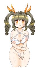 Rule 34 | 1girl, ahoge, bare arms, bare shoulders, bikini, breasts, calista (last origin), cameltoe, cleavage, collarbone, cropped legs, drill hair, grey hair, hair ribbon, hand on own arm, highleg, highleg bikini, last origin, long hair, looking at viewer, medium breasts, nonamejd, official alternate costume, open mouth, orange ribbon, ribbon, see-through, simple background, solo, swimsuit, thigh gap, thighs, twin drills, wavy mouth, white background, white bikini, yellow eyes