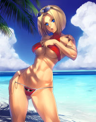 Rule 34 | 1girl, abs, beach, bikini, blonde hair, blue eyes, blue mary, breasts, contrapposto, cowboy shot, day, fatal fury, hair intakes, halterneck, hand on own hip, high contrast, highres, hip focus, large breasts, lowleg, lowleg bikini, muscular, muscular female, navel, ogami, palm tree, parted bangs, short hair, snk, solo, standing, sunglasses, swimsuit, tattoo, the king of fighters, toned, tree, underboob
