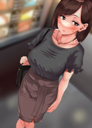 Rule 34 | 1girl, blush, breasts, brown eyes, brown hair, brown skirt, collarbone, grey shirt, highres, jewelry, large breasts, looking at viewer, necklace, nohito, original, shirt, short hair, short sleeves, skirt, solo