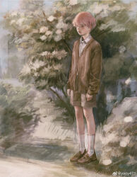 Rule 34 | 1boy, absurdres, androgynous, brown footwear, brown jacket, brown shorts, bush, closed mouth, collared shirt, expressionless, faux traditional media, flower, hair between eyes, highres, jacket, loafers, long sleeves, male focus, original, outdoors, pink hair, realistic, shirt, shoes, short hair, shorts, socks, solo, standing, tree, weibo logo, weibo watermark, white flower, white shirt, white socks, yaoy