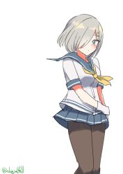 Rule 34 | 1girl, absurdres, black pantyhose, blue eyes, feet out of frame, gloves, grey hair, grey sailor collar, grey skirt, hair ornament, hair over one eye, hairclip, hamakaze (kancolle), highres, kantai collection, looking at viewer, neckerchief, one-hour drawing challenge, pantyhose, robinson (day l full), sailor collar, school uniform, serafuku, short hair, short sleeves, skirt, solo, white gloves, yellow neckerchief