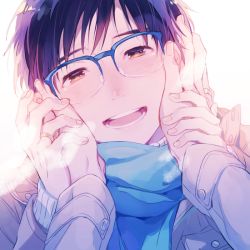 Rule 34 | 2boys, :d, black hair, blue-framed eyewear, blue scarf, blush, brown eyes, glasses, hands on another&#039;s cheeks, hands on another&#039;s face, jewelry, katsuki yuuri, kuroemon, male focus, multiple boys, open mouth, pov, ring, scarf, smile, solo focus, viktor nikiforov, yuri!!! on ice