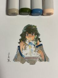 Rule 34 | 1girl, art tools in frame, bowl, chopsticks, collared shirt, commentary request, cropped torso, detached sleeves, eating, food, frog hair ornament, green eyes, green hair, hair ornament, highres, holding, holding chopsticks, holding spoon, kochiya sanae, light blush, marker, marker (medium), medium hair, noodles, open mouth, photo (medium), ramen, shiratama (hockey), shirt, signature, snake hair ornament, solo, spoon, steam, touhou, traditional media, wavy hair, white shirt, wide sleeves