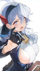 Rule 34 | 1girl, ako (blue archive), bell, black gloves, blue archive, blue eyes, blue hair, blue hairband, blue jacket, blurry, blurry foreground, blush, breasts, candy, chocolate, commentary, cowbell, earrings, eucha, food, gloves, hair between eyes, hairband, half gloves, halo, highres, holding, holding chocolate, holding food, incoming food, jacket, jewelry, large breasts, long hair, long sleeves, looking at viewer, lower teeth only, neck bell, open mouth, red ribbon, revision, ribbon, sideboob, simple background, single earring, solo, stud earrings, teeth, upper body, v-shaped eyebrows, white background