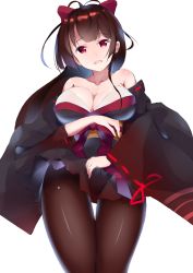 Rule 34 | 1girl, agano (azur lane), azur lane, bare shoulders, bow, breasts, brown hair, brown pantyhose, detached sleeves, hair bow, henet hene, japanese clothes, kimono, large breasts, long hair, long sleeves, looking at viewer, obi, open mouth, pantyhose, red eyes, ribbon-trimmed sleeves, ribbon trim, sash, smile, solo, thigh gap, very long hair, white background, wide sleeves