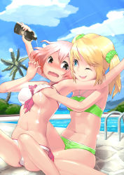 Rule 34 | 2girls, bikini, blonde hair, blue eyes, blush, grabbing another&#039;s breast, breasts, brown eyes, cloud, day, covered erect nipples, grabbing, highres, lotion, medium breasts, multiple girls, one eye closed, original, palm tree, pink hair, pool, sexually suggestive, short hair, sitting, small breasts, suggestive fluid, swimsuit, tororoto, tree, twintails, underboob, wavy mouth, yuri