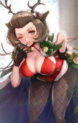 Rule 34 | 1girl, ;d, animal costume, animal ears, antlers, bell, bent over, breasts, brown eyes, brown hair, cape, christmas, cleavage, eyeshadow, fake animal ears, fake antlers, female focus, fire emblem, fire emblem: three houses, fire emblem heroes, fishnet pantyhose, fishnets, fur-trimmed cape, fur-trimmed leotard, fur trim, gloves, gonzarez, grin, highres, horns, large breasts, lipstick, looking at viewer, makeup, manuela casagranda, matching hair/eyes, mole, mole under eye, neck bell, nintendo, official alternate costume, one eye closed, open mouth, orange eyeshadow, orange lips, pantyhose, reindeer antlers, reindeer costume, short hair, smile, solo, v, wink