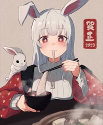 Rule 34 | 1girl, 2023, absurdres, animal ears, bowl, breasts, chinese zodiac, chopsticks, eating, food, grey background, grey hair, hanten (clothes), haramaki (haranomaki), highres, holding, holding bowl, holding chopsticks, japanese clothes, large breasts, long hair, long sleeves, looking at viewer, new year, original, rabbit, rabbit ears, rabbit girl, red eyes, ribbed sweater, simple background, solo, steam, sweater, turtleneck, turtleneck sweater, white sweater, year of the rabbit