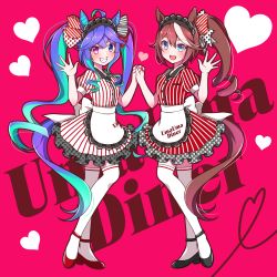 Rule 34 | 2girls, ahoge, animal ears, apron, black footwear, blue eyes, blue hair, blush, breast pocket, brown hair, buttons, clothes writing, collared dress, commentary request, dress, english text, frilled dress, frills, full body, heart, heterochromia, highres, holding hands, horse ears, horse girl, horse tail, kuma no omimi, long hair, looking at viewer, maid headdress, multicolored hair, multiple girls, nail polish, open mouth, pink background, pink nails, pocket, polka dot, ponytail, puffy short sleeves, puffy sleeves, red footwear, short sleeves, smile, strappy heels, streaked hair, striped clothes, striped dress, tail, teeth, thighhighs, tokai teio (umamusume), twin turbo (umamusume), twintails, umamusume, waist apron, waitress, white legwear