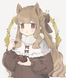 Rule 34 | 1girl, :3, absurdres, animal ears, artist name, blush, bow, bowl, brown eyes, brown hair, frilled shirt collar, frills, fur collar, hair bow, half updo, highres, holding, holding acorn, holding bowl, holly, long hair, long sleeves, looking at viewer, open mouth, original, pinecone, puffy long sleeves, puffy sleeves, shamo3, solo, squirrel ears, squirrel girl, wavy hair