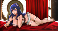 Rule 34 | 1girl, alternate breast size, alternate costume, artist name, bare shoulders, bed, blue eyes, blue hair, bra, breasts, cleavage, curtains, esther shen, fire emblem, fire emblem awakening, frills, full body, hairband, indoors, lace, lace-trimmed bra, lace-trimmed legwear, lace trim, lingerie, lips, long hair, looking at viewer, lucina (fire emblem), lying, medium breasts, microskirt, midriff, navel, nintendo, on side, sandals, signature, skirt, solo, thighhighs, thighs, underwear, white footwear, white thighhighs
