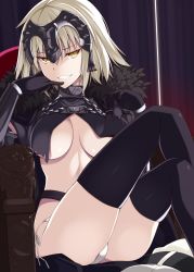 Rule 34 | 1girl, ahoge, armor, armored dress, black gloves, black thighhighs, breast curtains, breasts, capelet, chair, curtains, elbow gloves, fate/grand order, fate (series), gauntlets, gilles de rais (caster) (fate), gloves, headpiece, highres, jeanne d&#039;arc (fate), jeanne d&#039;arc (ruler) (fate), jeanne d&#039;arc alter (avenger) (fate), jeanne d&#039;arc alter (fate), looking at viewer, medium breasts, ohta yuichi, panties, parted lips, ribbon, sitting, solo, striped ribbon, thighhighs, thighs, underboob, underwear, white panties, yellow eyes