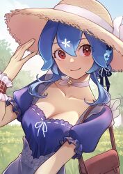 Rule 34 | 1girl, absurdres, bag, bao (vtuber), bao (vtuber) (6th costume), blue hair, blue shirt, blush, bow, breasts, brown bag, brown eyes, brown hat, choker, cleavage, collarbone, commentary, dumpling aria (artist), english commentary, grey skirt, hat, hat bow, highres, indie virtual youtuber, medium breasts, medium hair, official alternate costume, puffyko, shirt, shirt tucked in, skirt, smile, solo, straw hat, virtual youtuber, white bow, white choker, wrist cuffs