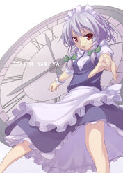 Rule 34 | 1girl, apron, blue dress, bow, braid, breasts, character name, clock, clock hands, commentary request, dress, english text, feet out of frame, frilled apron, frilled dress, frilled wrist cuffs, frills, from below, green bow, hair bow, highres, izayoi sakuya, long hair, looking at viewer, maid, maid apron, maid headdress, medium breasts, open mouth, outstretched arm, partial commentary, red eyes, shinonome haru, shirt, short sleeves, solo, touhou, twin braids, waist apron, white background, white hair, white shirt, wrist cuffs