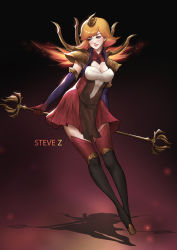 Rule 34 | 1girl, absurdres, alternate costume, alternate hair color, armor, artist name, black thighhighs, blush, boots, breasts, center opening, collar, dress, elbow gloves, elementalist lux, fiery hair, full body, gloves, gradient hair, hair ornament, highres, holding, holding staff, league of legends, long hair, lux (league of legends), medium breasts, multicolored hair, nose, orange eyes, orange hair, parted lips, pauldrons, pink lips, purple gloves, shoulder armor, smile, solo, spiked collar, spikes, staff, steve zheng, swept bangs, thigh boots, thighhighs, wand